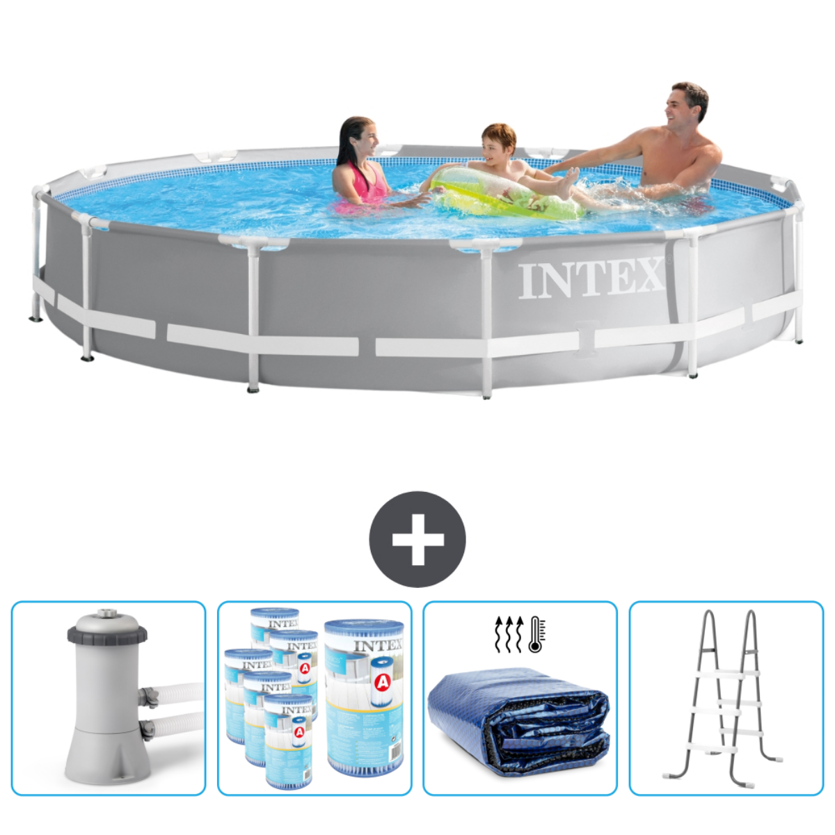 Grijs zwembad met mensen en accessoires. Water is blauw. INTEXT logo. Mensen in water.