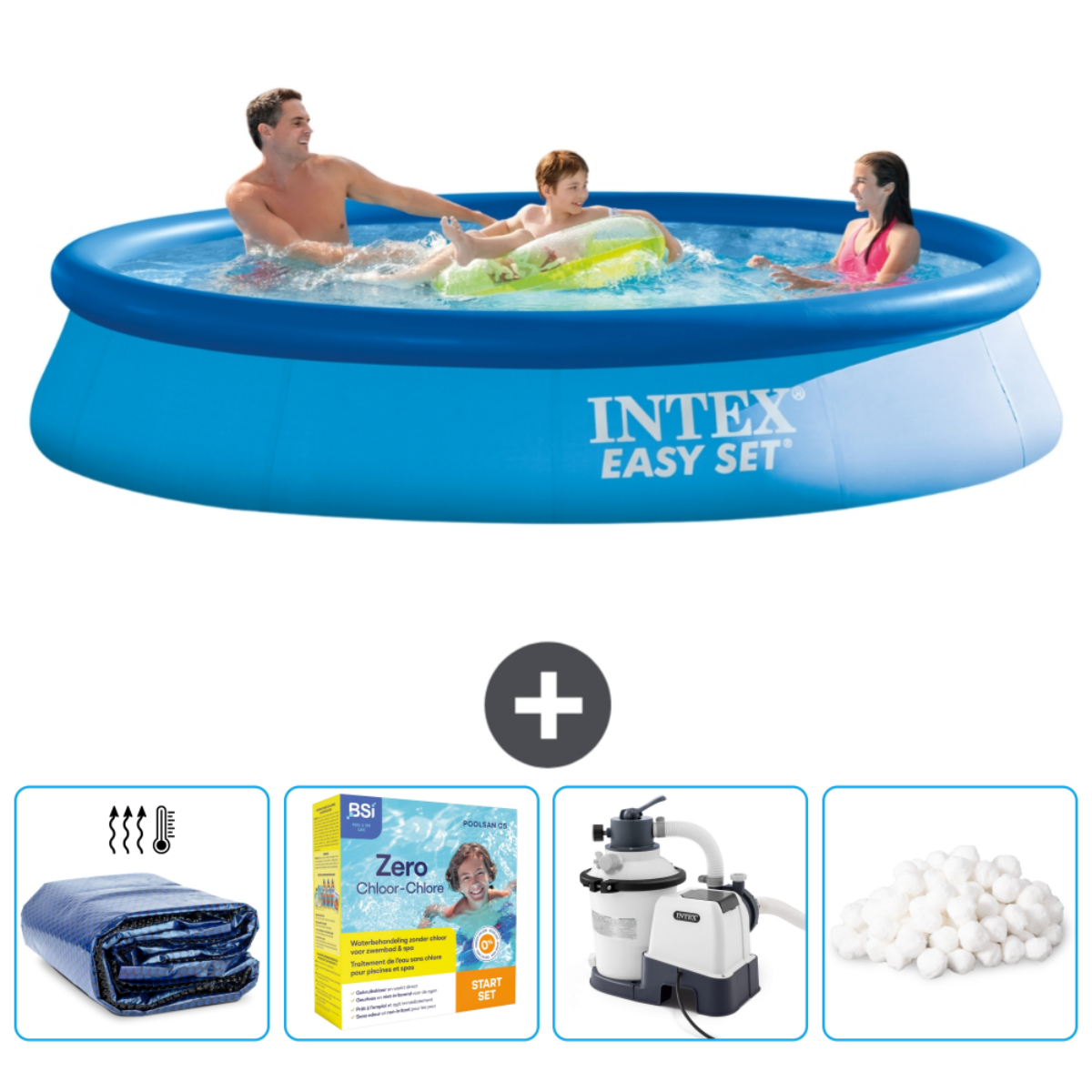 Famille dans piscine bleue Intex Easy Set avec accessoires, dont couverture, chlore et filtre.