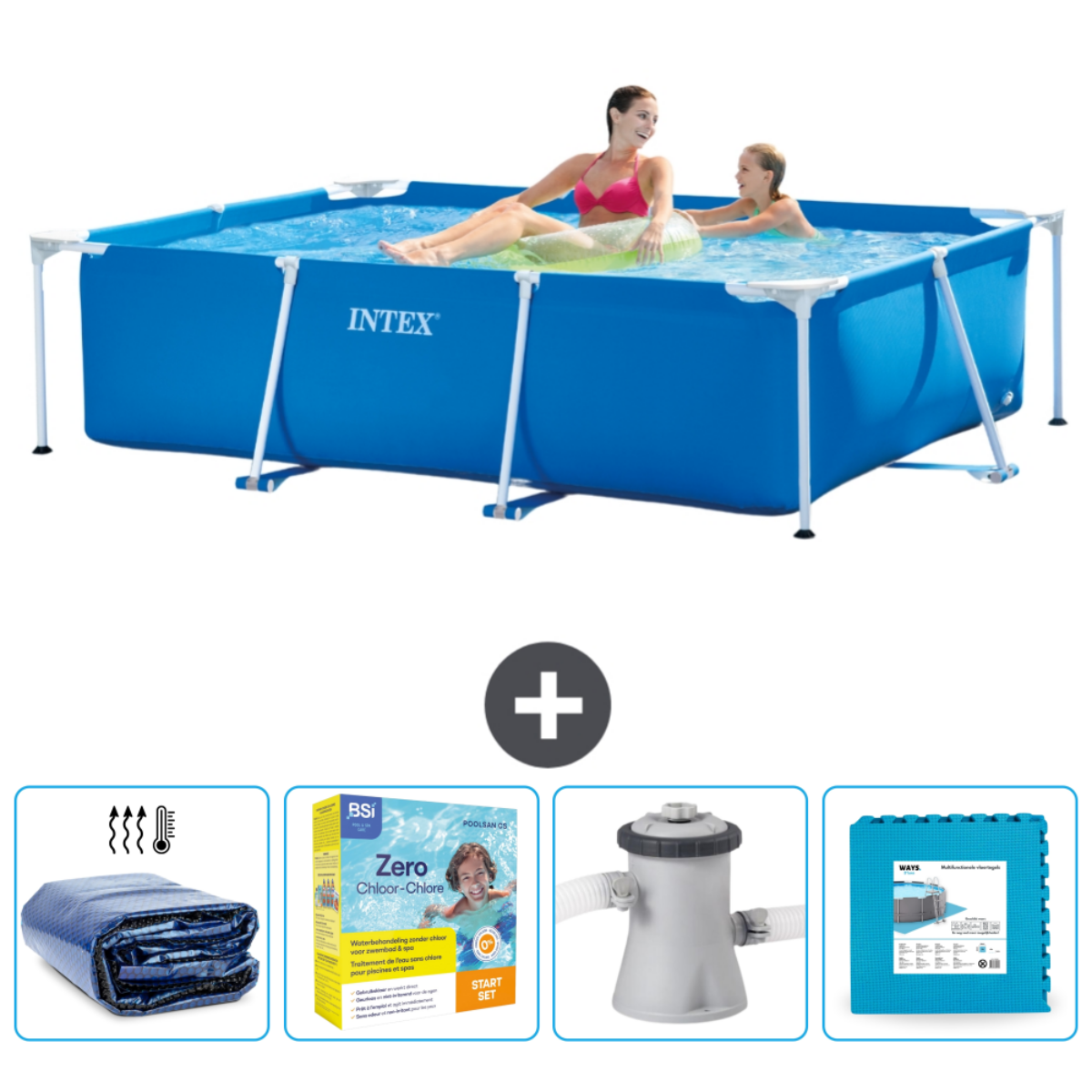 Piscine rectangulaire bleue avec personnes. Inclut couverture, produits chimiques, filtre et dalles en mousse. Gens dans l'eau.