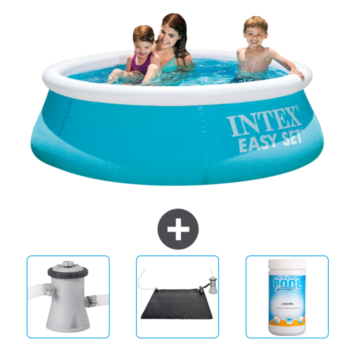 Blauer Pool mit spielenden Personen. Zubehör: Filter, Solarmatte und Poolchemikalien.