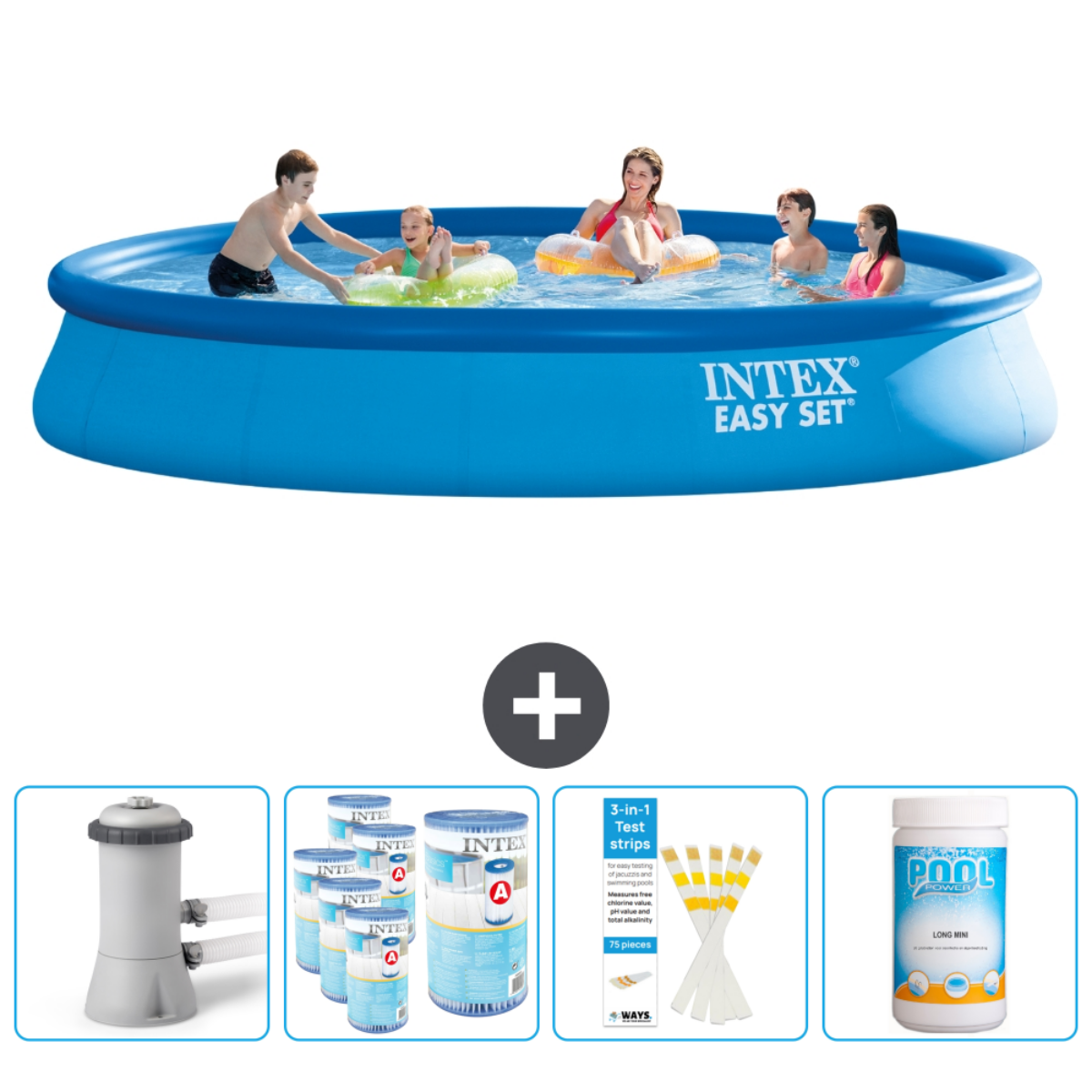 Blauwe pool met familie. Inclusief filter, chemicaliën, teststrips en zwembadbehandeling. Mensen in het water.
