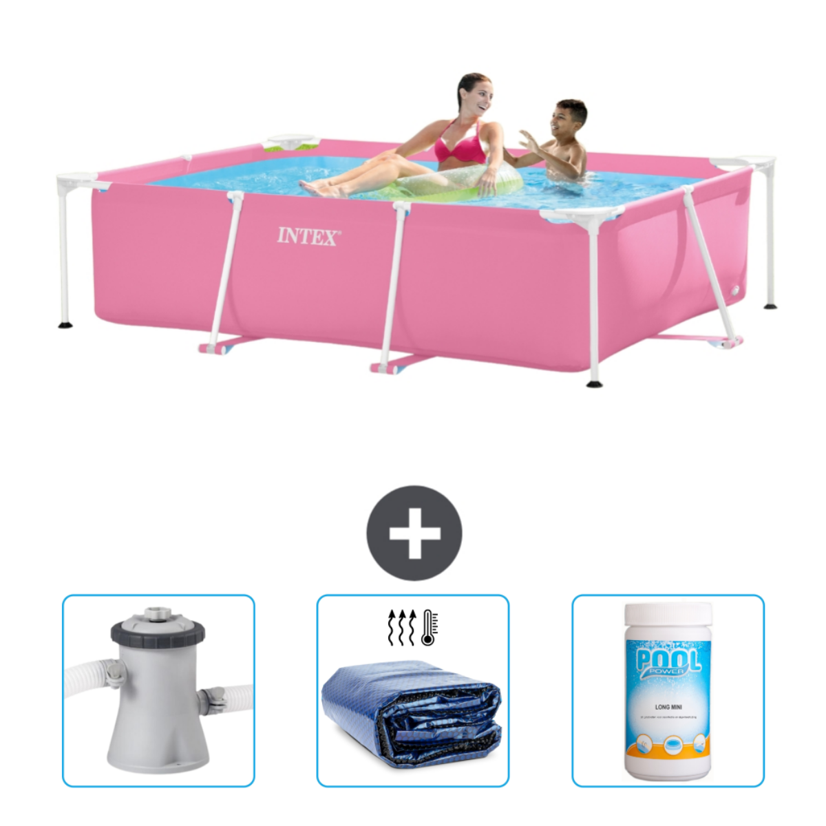 Zwei Personen in einem pinkfarbenen Intex-Pool mit Filter, Abdeckung und Chlorpulver.