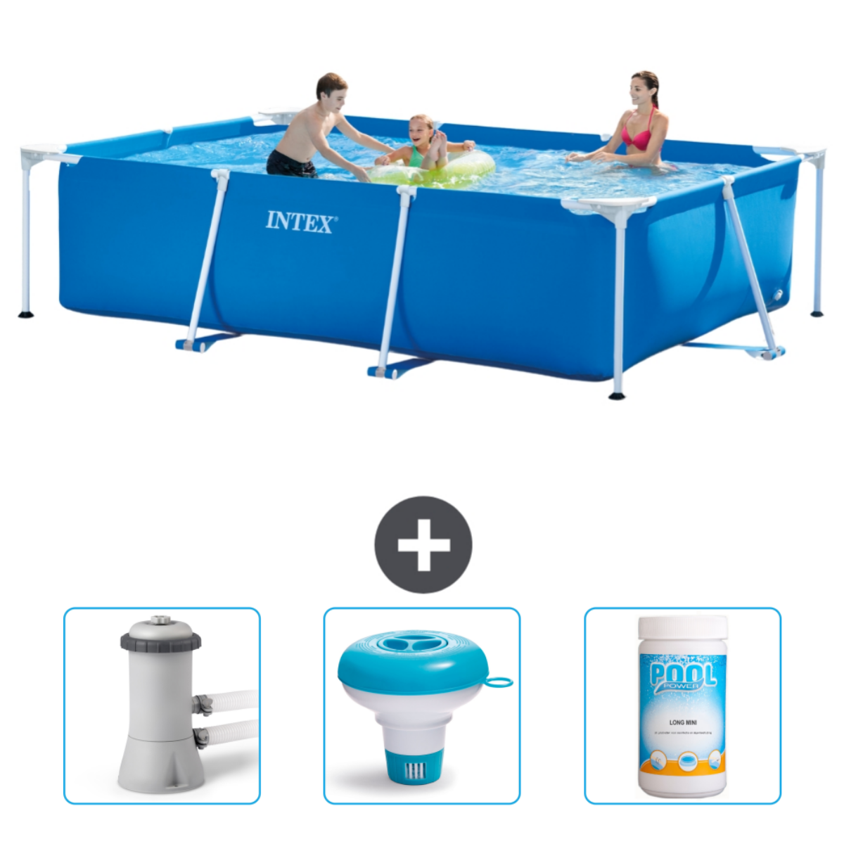 Family in a blue rectangular pool with accessories: pump, floater, and chemicals.