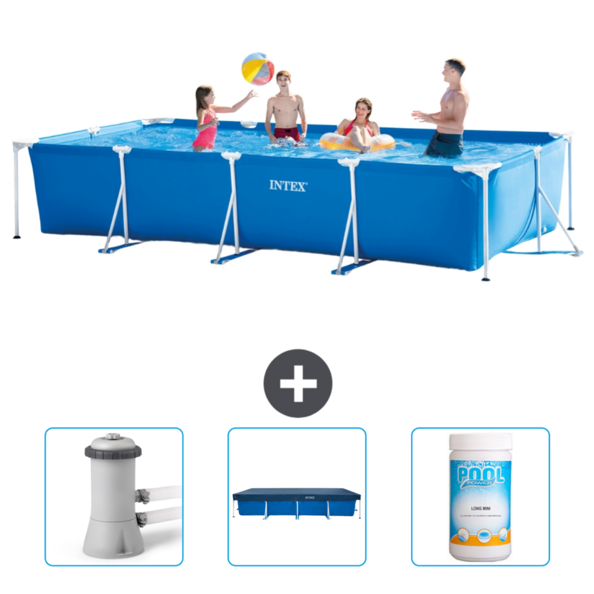 Menschen in einem rechteckigen Intex-Pool. Zubehör: Pumpe, Abdeckung und chemische Behandlung.