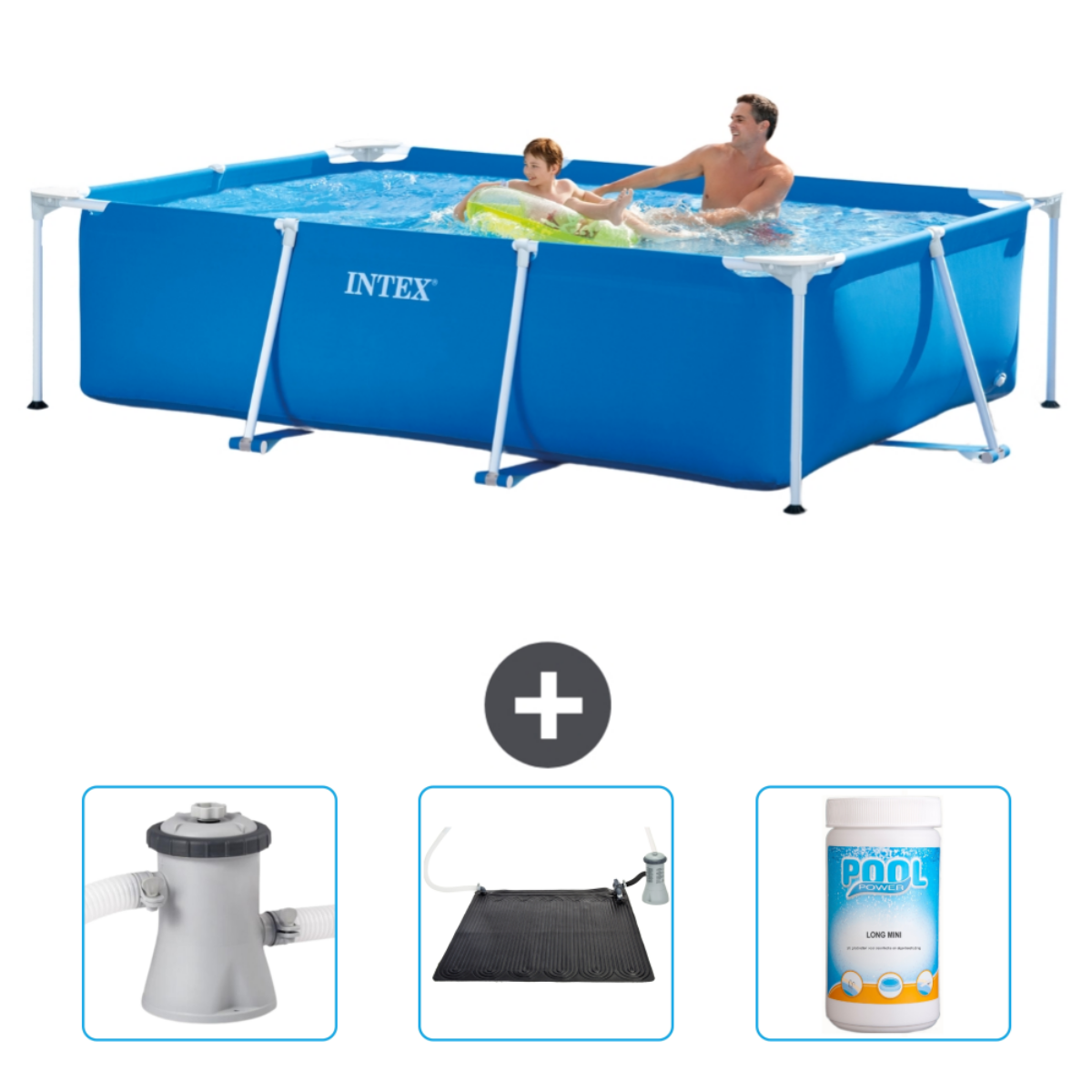 Piscine bleue avec des personnes. Garçon, fille avec anneau et homme dans la piscine. Pompe, tapis solaire et produits chimiques.