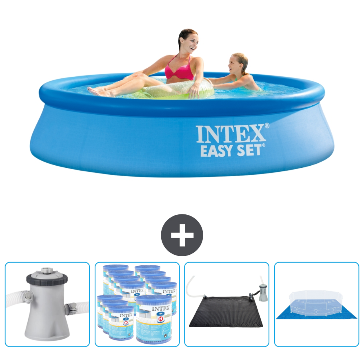 Personen in einem blauen Pool mit Zubehör. Enthält eine Pumpe, eine Solarmatte und eine Abdeckung.