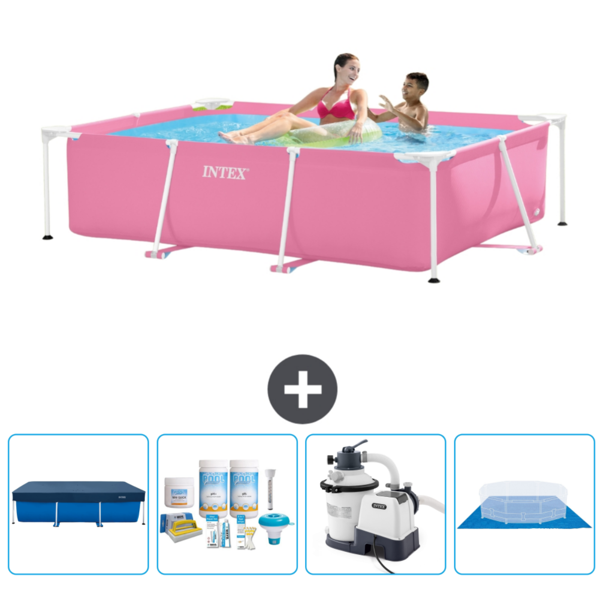 People in a pink Intex pool. Accessories: cover, chemicals, a filter, and a pool cover.
