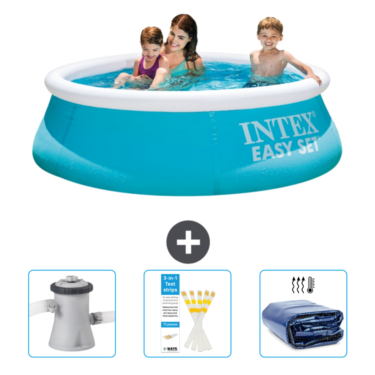 Aufblasbarer blauer Pool mit Leuten und Zubehör.