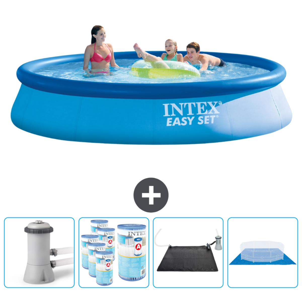Menschen in einem blauen Intex Easy Set Pool. Zubehör: Pumpe, Solarheizung und Abdeckung.