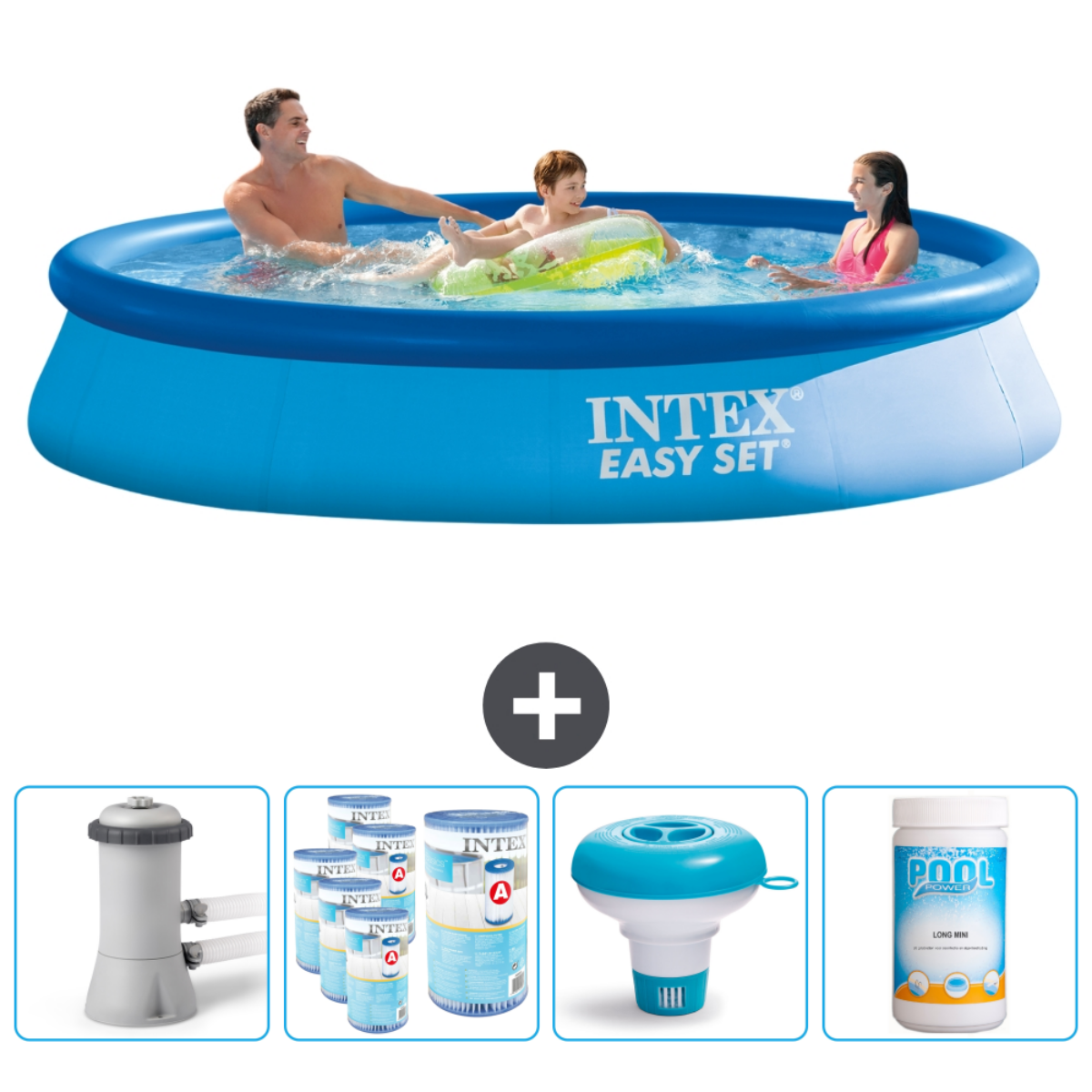 Piscine Intex Easy Set bleue avec personnes et accessoires. L'eau est bleue.