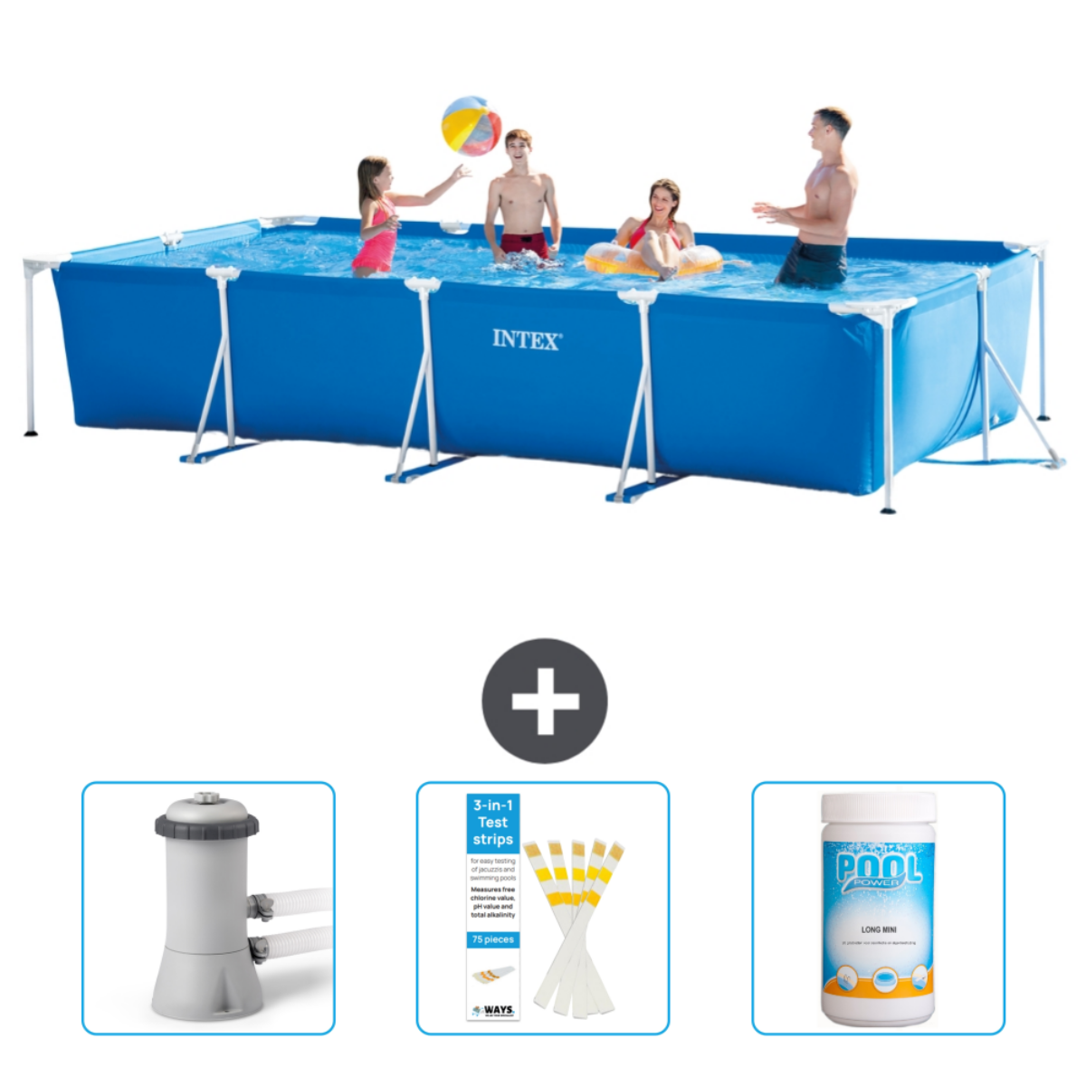 Blue pool with people playing. Includes filter, test strips, and pool cleaning chemicals.
