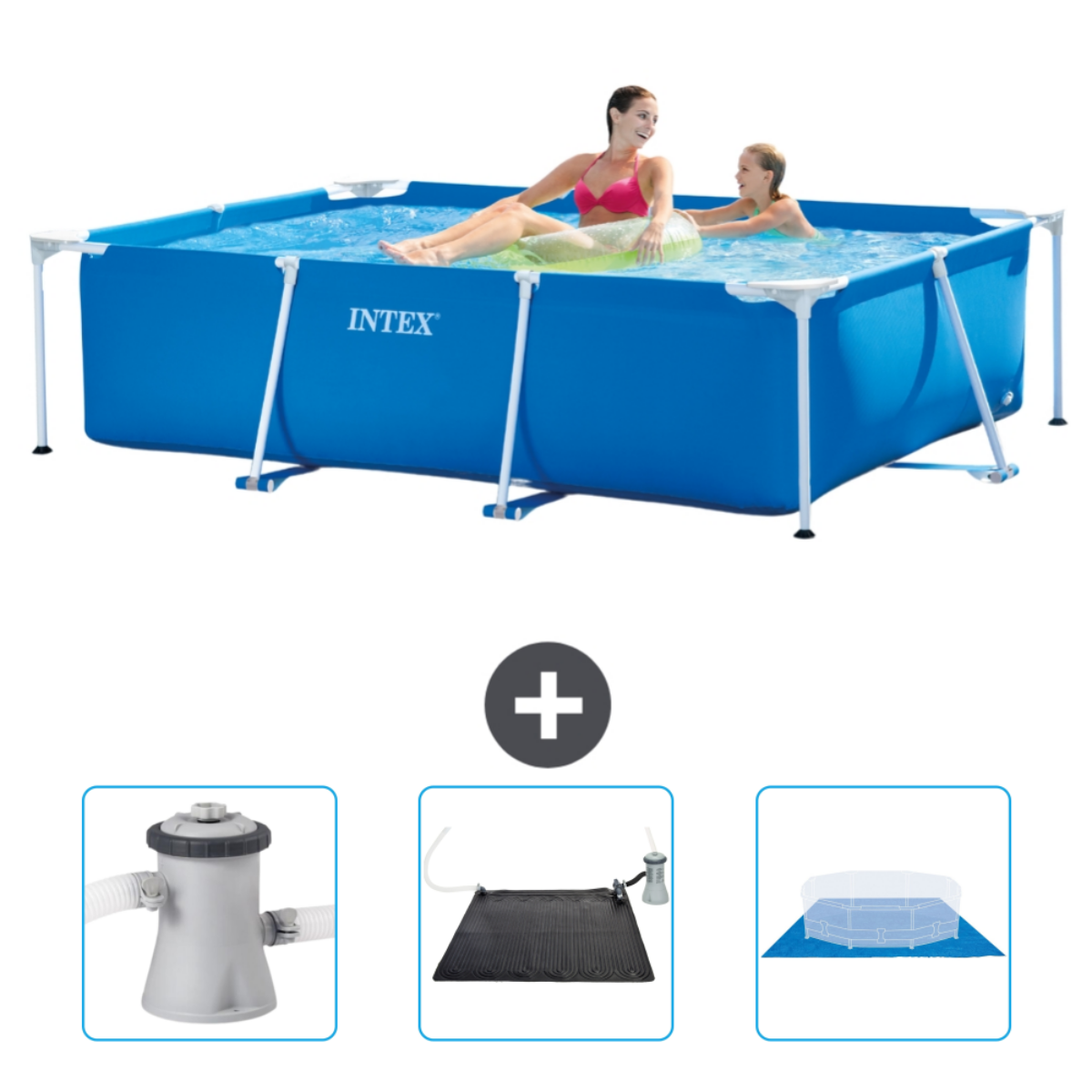 Blauer rechteckiger Pool mit Personen. Enthält Filter, Solarmatte und Abdeckung. Menschen sind im Wasser.