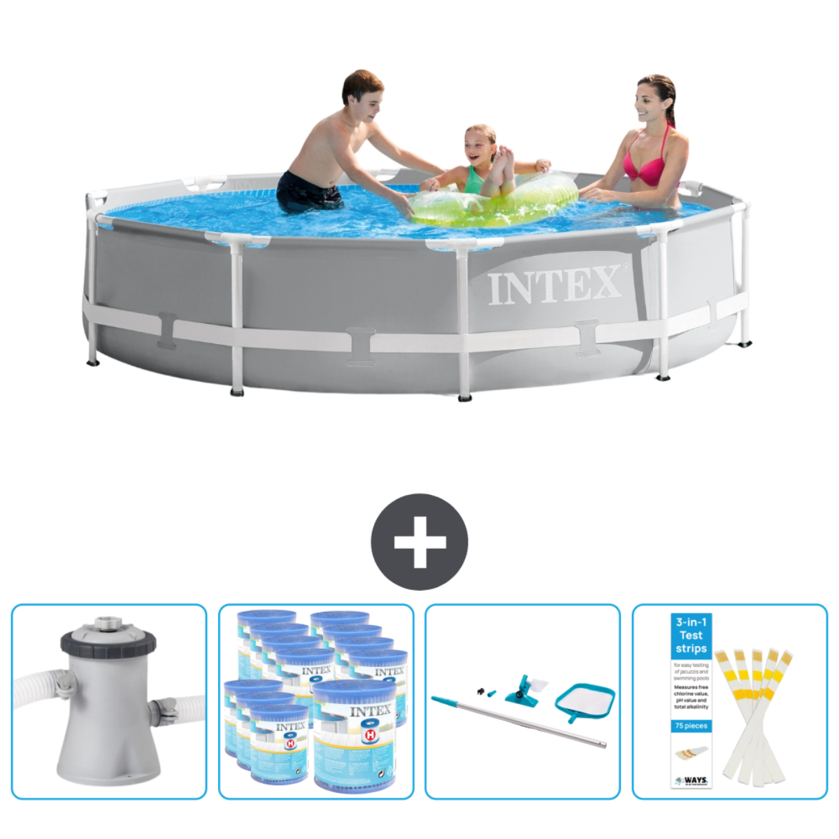 People in a gray rectangular pool with water, plus filter, cleaning tools, and test strips.