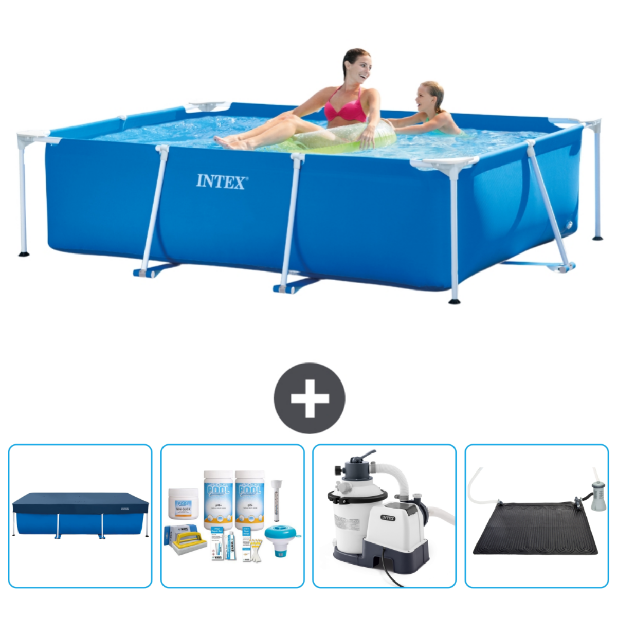 Two people in blue Intex pool with cover, test kit, filter, and solar mat.