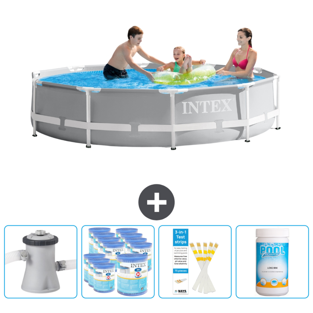 Grauer Pool mit schwimmenden Personen. Poolzubehör unten. Weißer Hintergrund.
