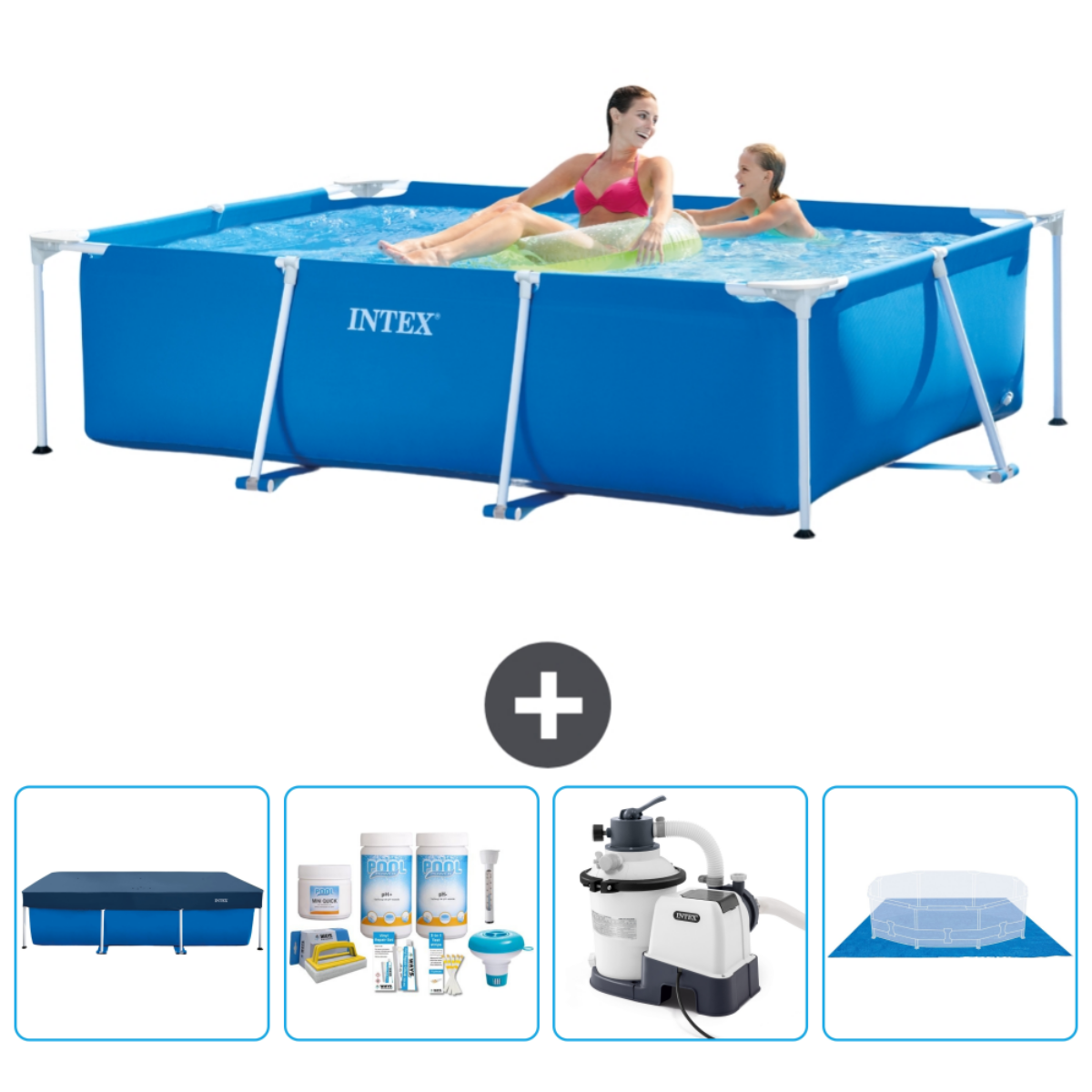 Family in rectangular pool, products: cover, chemicals, filter, and mat.