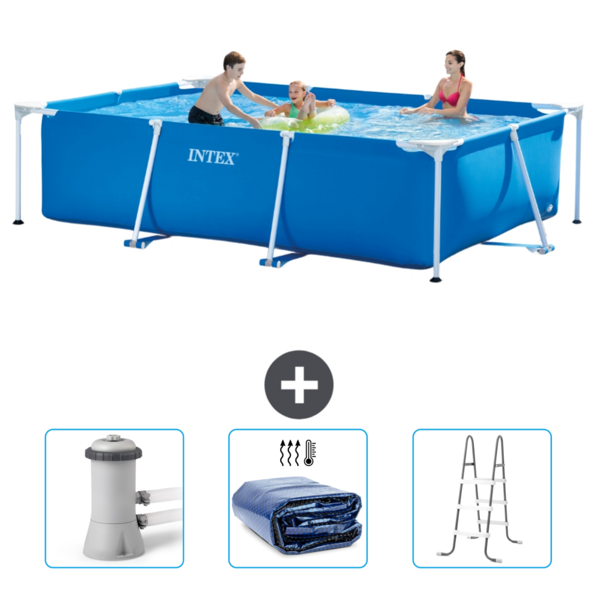Blauer Pool mit Zubehör. Zubehör: Filter, Abdeckung und Leiter.