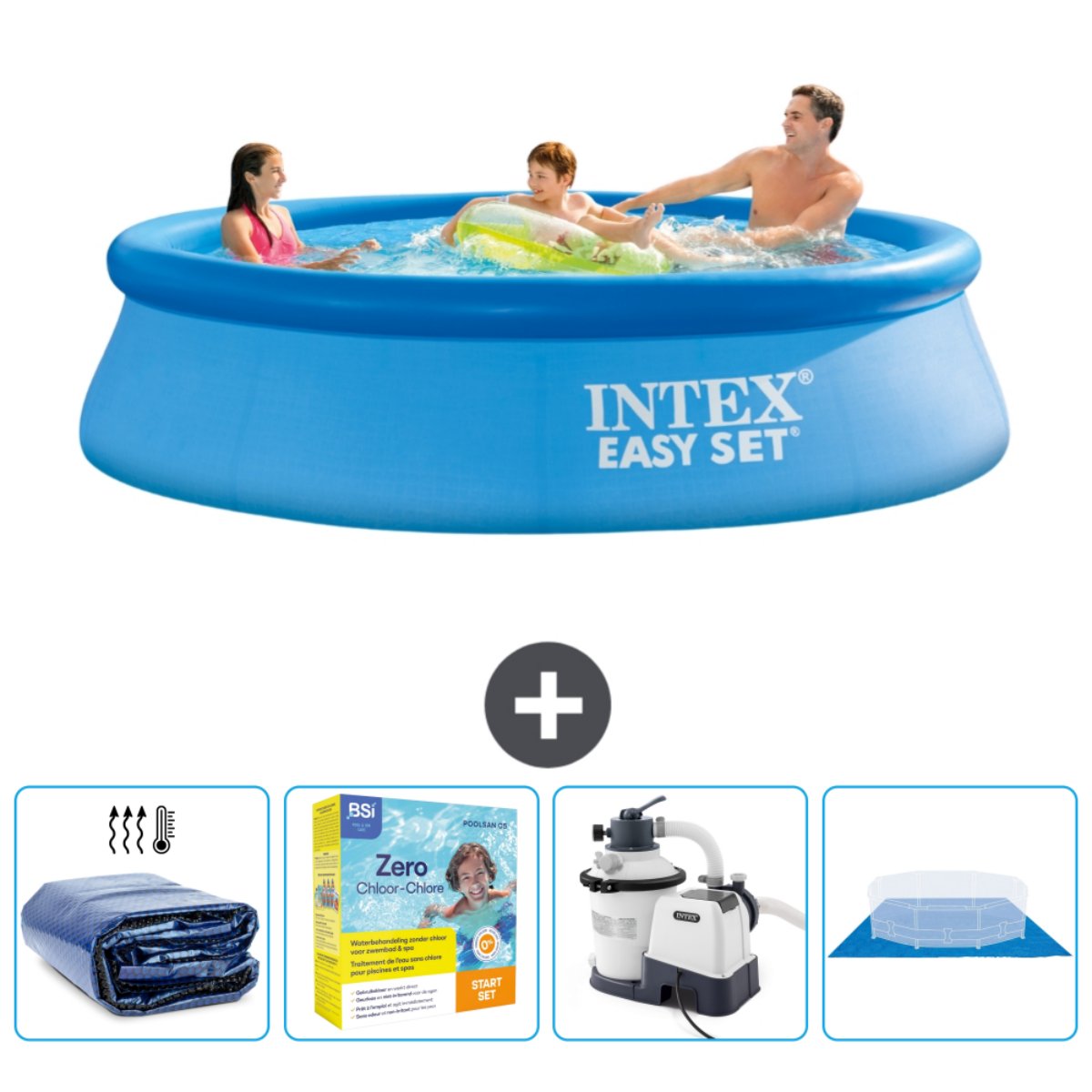 Family in blue Intex Easy Set pool with accessories, including cover, chlorine and filter.
