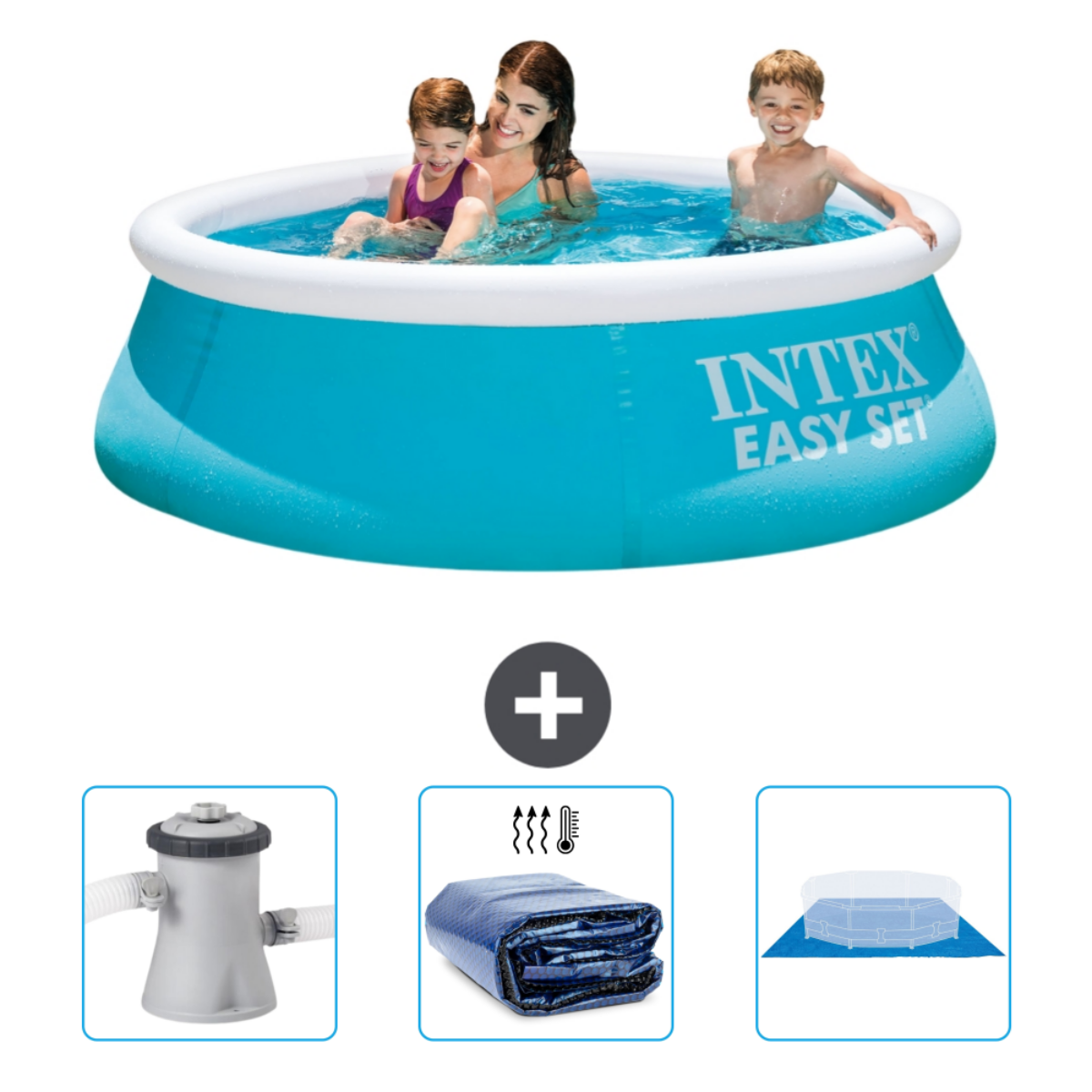 Leute in einem blauen Planschbecken mit Wasser, plus Filter, Abdeckung und Bodenschutz.