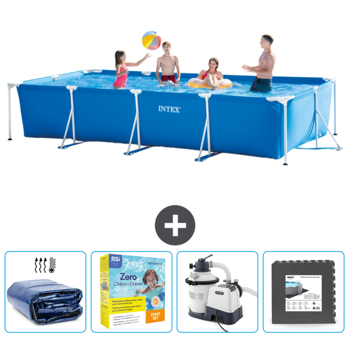 Blue pool with people swimming. Pool supplies below. White background.