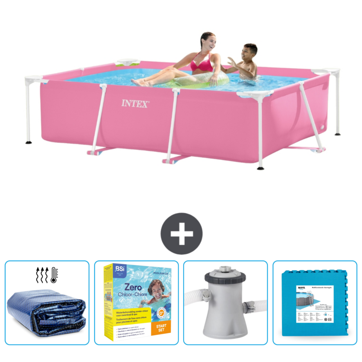 Roze zwembad met spelende mensen. Inclusief afdekking, startset, filter en chemicaliën.