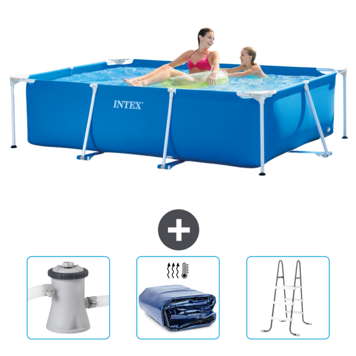 Menschen in einem blauen rechteckigen Pool. Zubehör umfasst Pumpe, Abdeckung und Leiter.