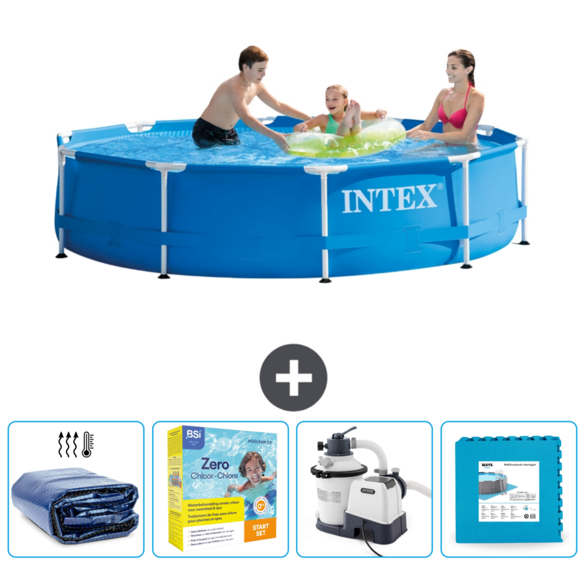Blue pool with people and accessories. Plus sign and related items below.