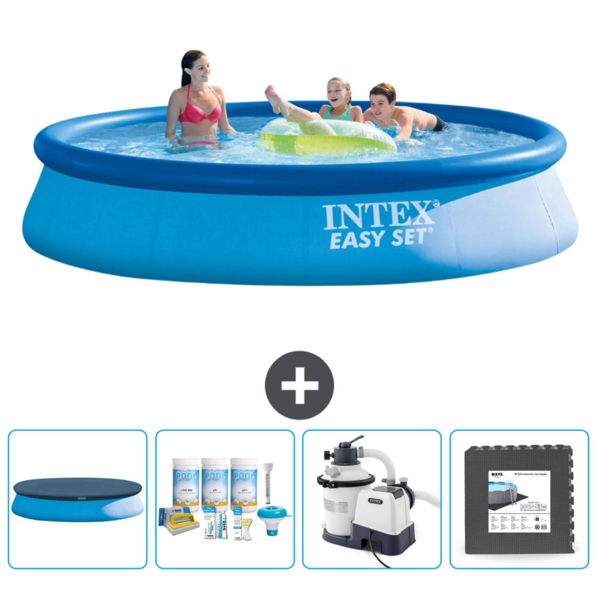 Piscine Intex Easy Set bleue avec personnes. Comprend couverture et accessoires de nettoyage.