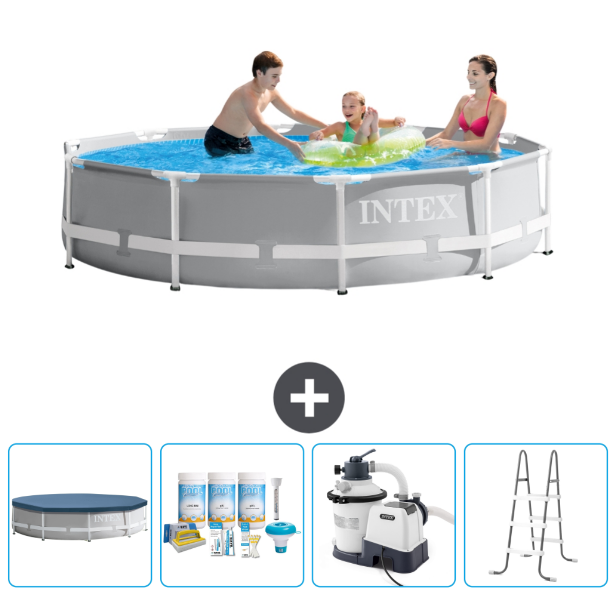 People in a grey Intex pool. Accessories include a cover, chemicals, filter, and a ladder.