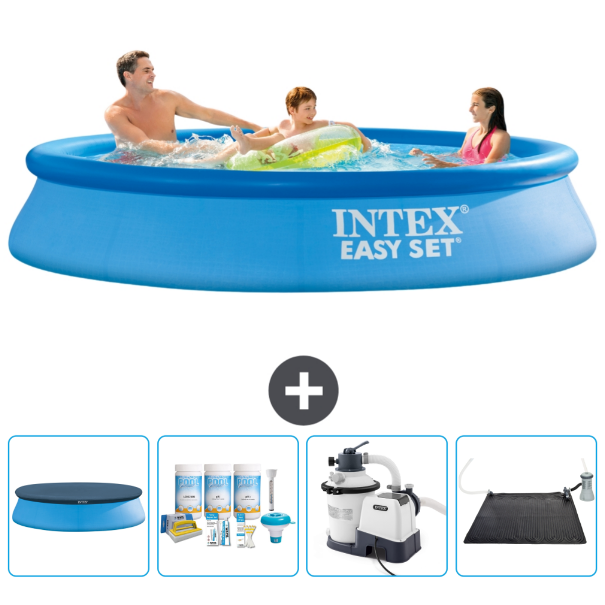 Personnes dans une piscine bleue avec accessoires. Signe plus. Accessoires: filtre, produits chimiques, panneau solaire et tapis.