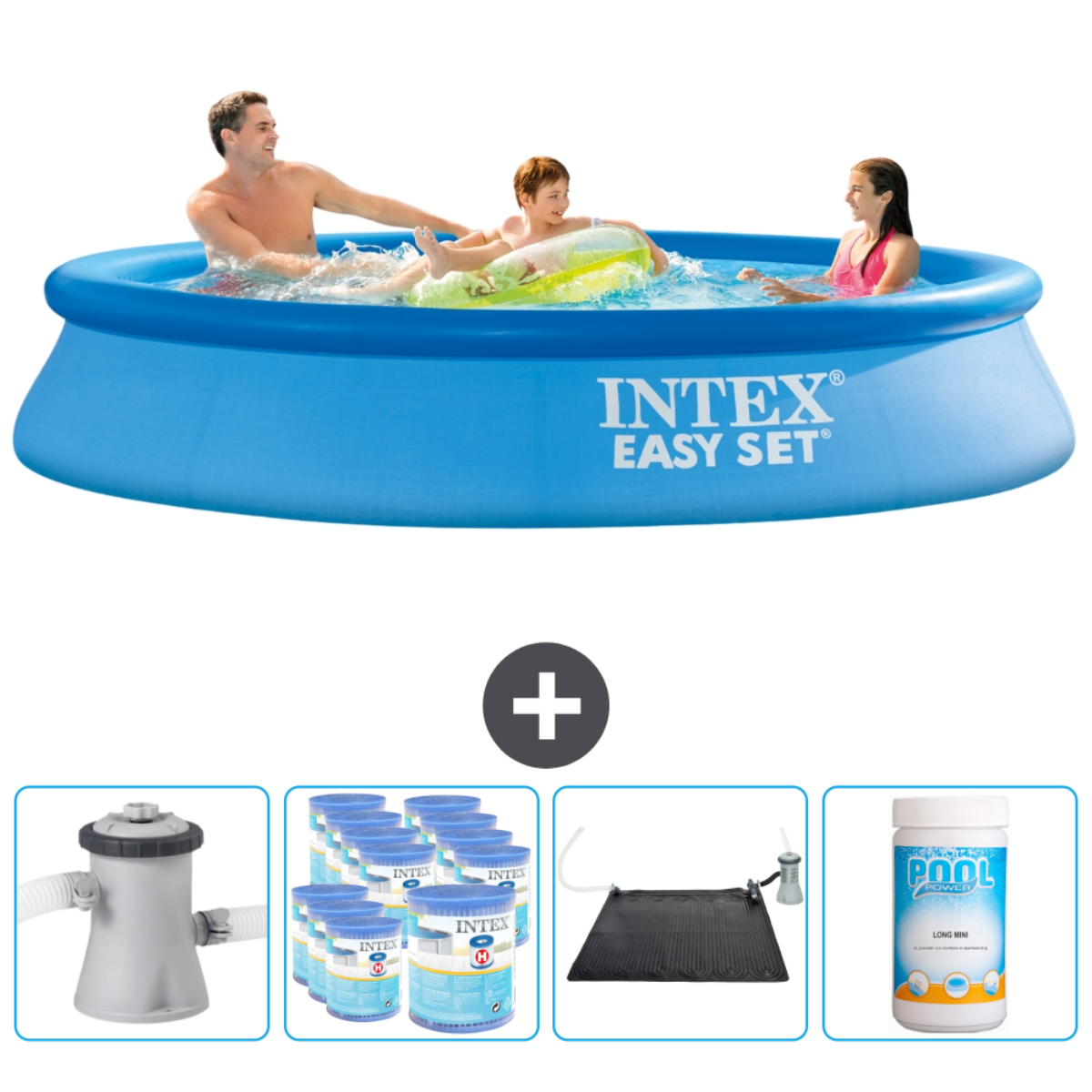 Menschen in einem blauen Intex Easy Set Pool. Zubehör: Filter, Chlortabletten und Sonnenmatte.