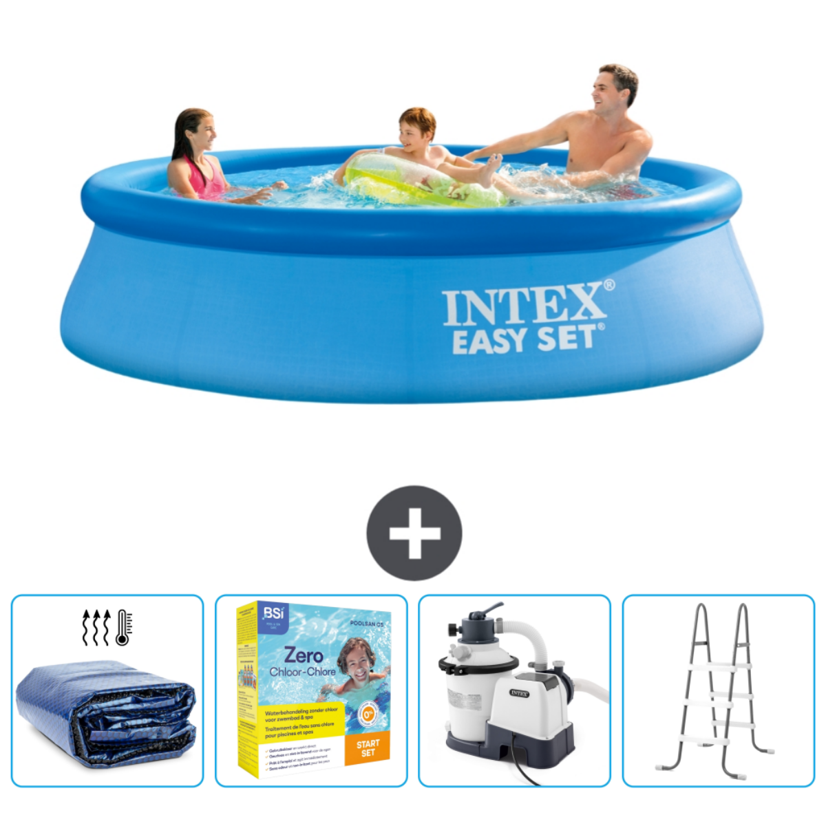 Mensen in een blauw zwembad met accessoires. Op het zwembad staat INTEX EASY SET. Er worden vier accessoires getoond.