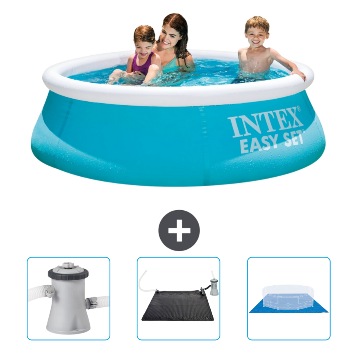 Kinder und Frau in blauem Intex-Pool. Zubehör: Pumpe, Solarmatte und Abdeckung.