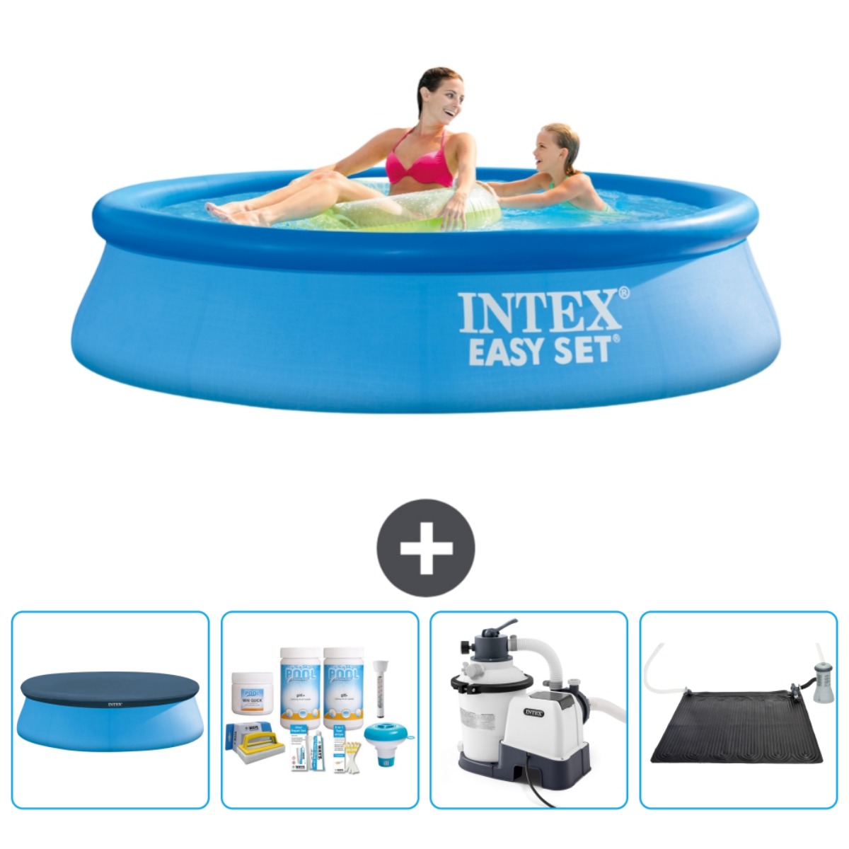 Piscine ronde bleue avec des personnes. Extras : couverture, produits chimiques, filtre et tapis solaire.