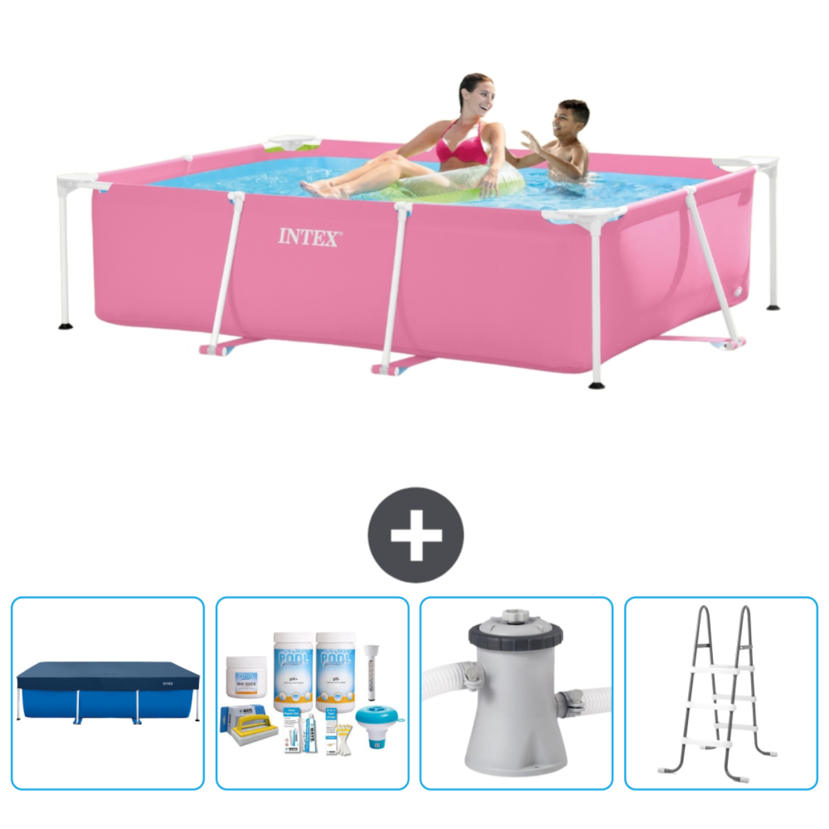 Twee personen in een roze Intex zwembad met afdekzeil, testkit, filter en ladder.