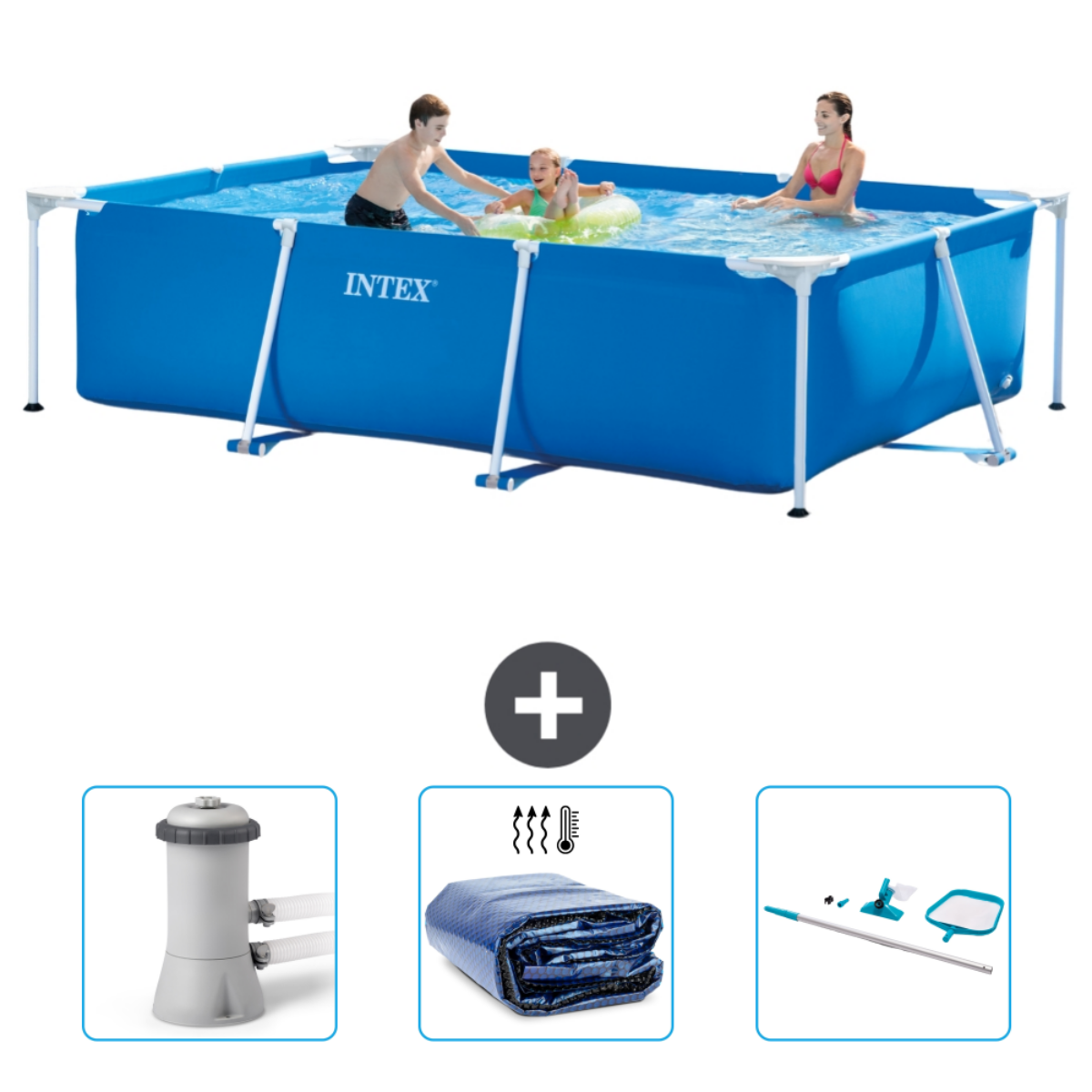 Blauer rechteckiger Pool mit Familie. Enthält Filter, Abdeckung und Reinigungsnetz. Menschen sind im Wasser.