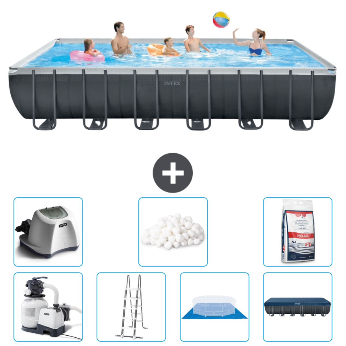 Piscine grise avec personnes et accessoires. Signe plus et articles connexes ci-dessous.