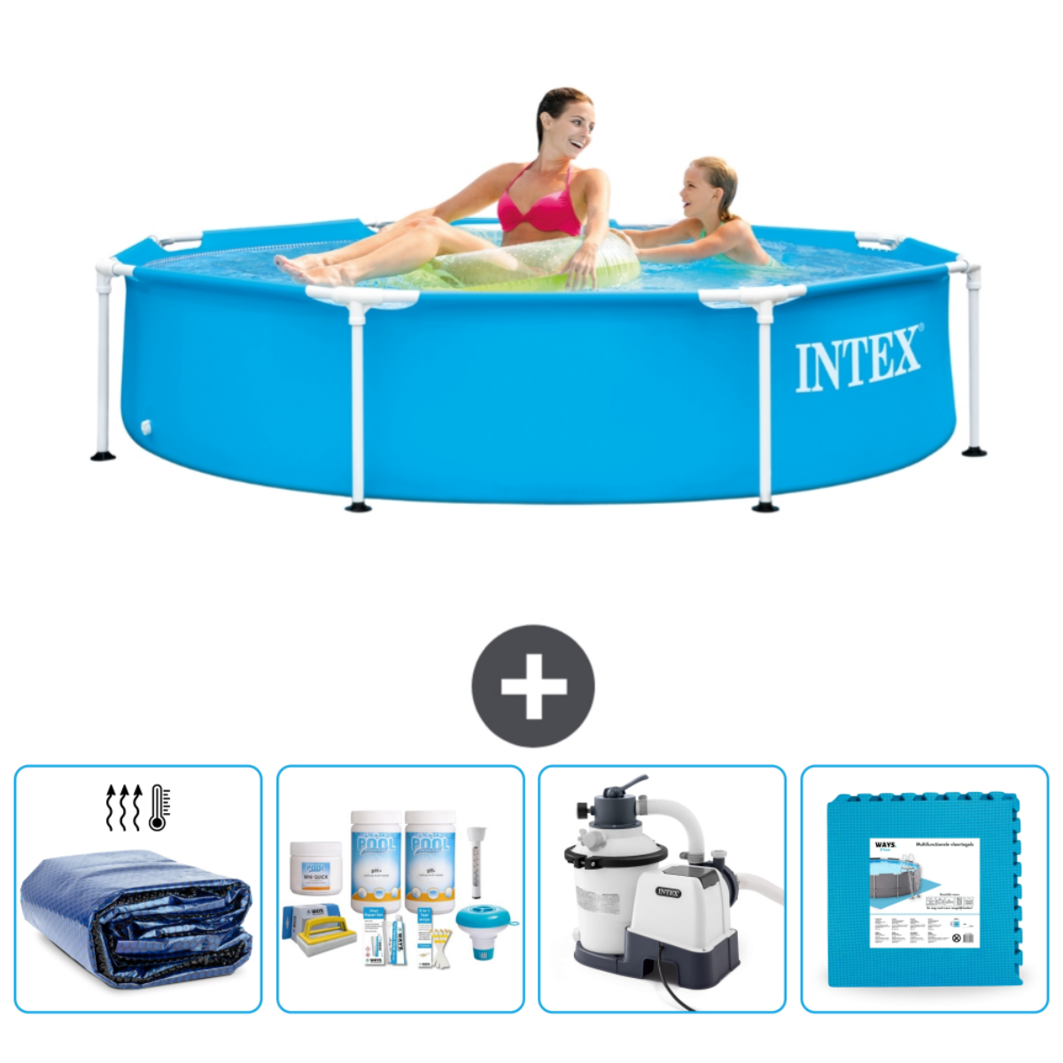 People in a blue Intex pool. Accessories include a cover, chemicals, a filter, and pool mats.