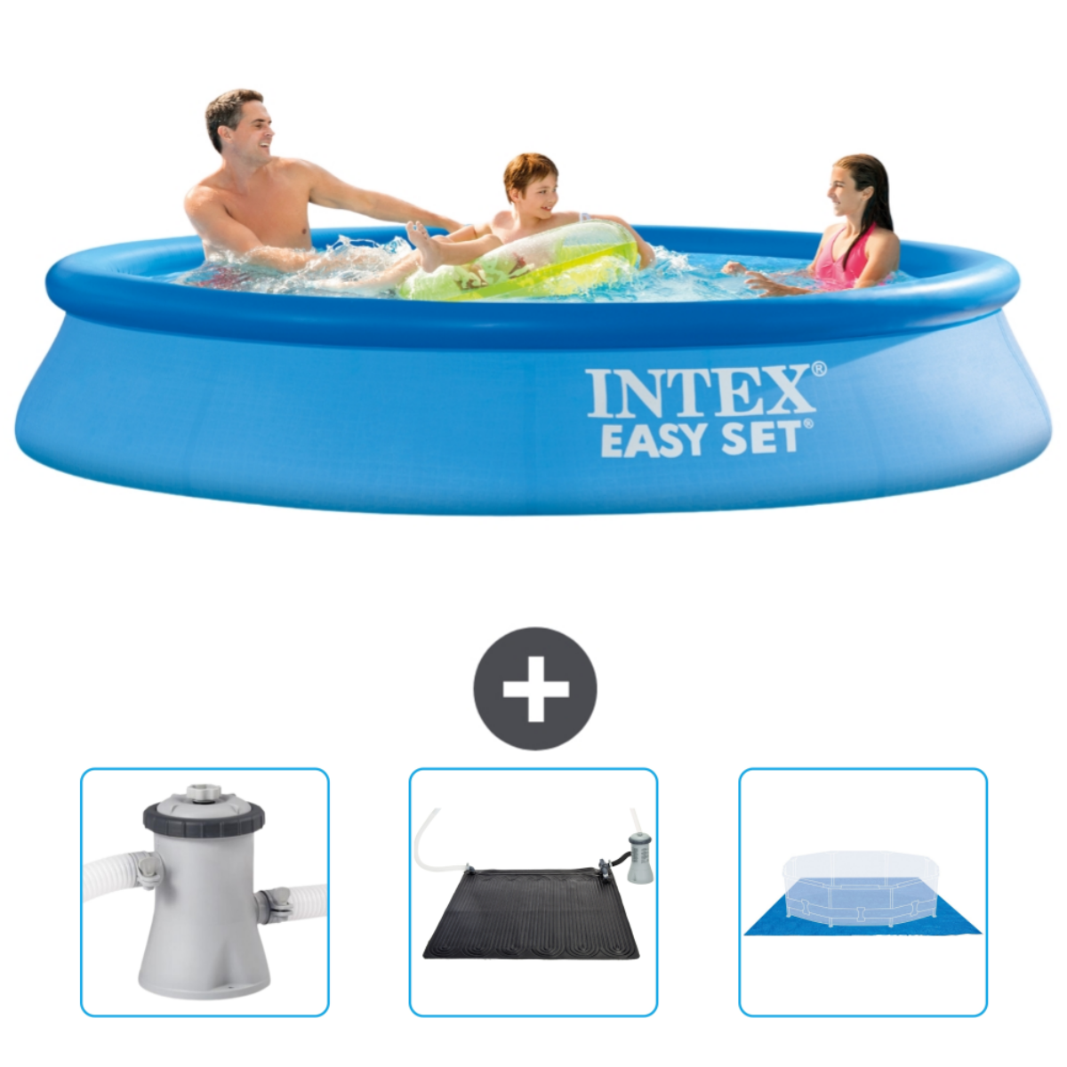 Blauer Intex Easy Set Pool mit Personen. Inklusive Filter, Solarpanel und Abdeckung.