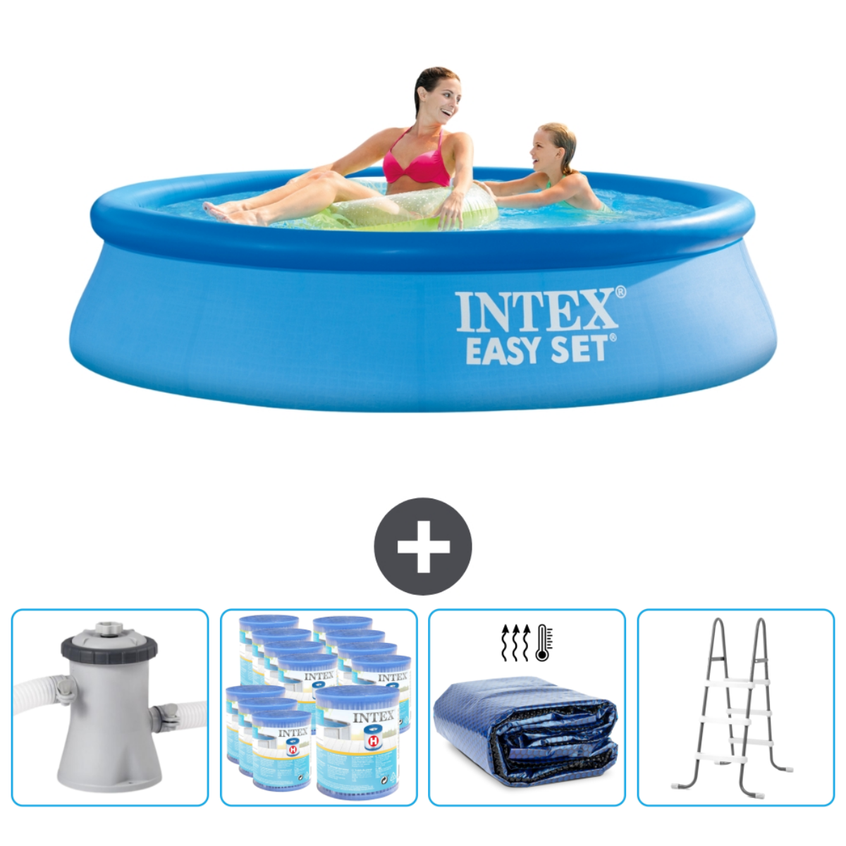 Deux femmes dans une piscine bleue Intex. Accessoires: pompe, produits chimiques et bâche.