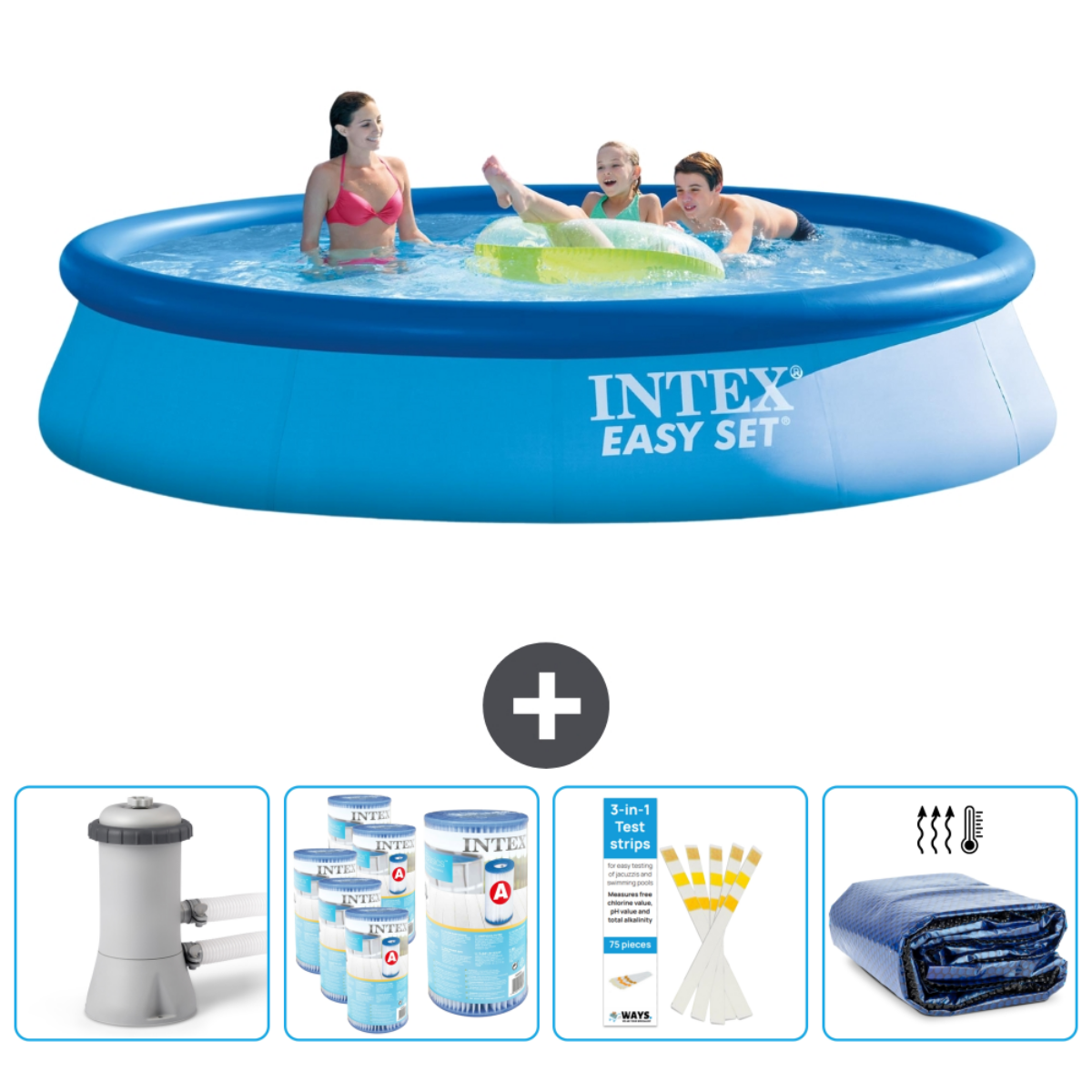 Ein blaues Intex-Schwimmbecken mit Menschen und einer gelben Schwimminsel. Zubehör: Filter.