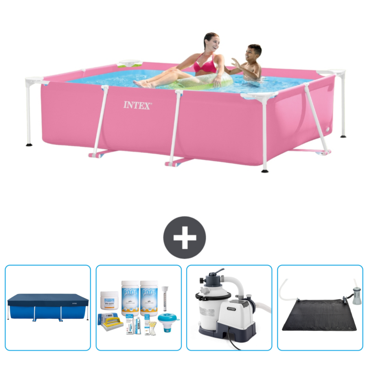 A pink rectangular pool with people, plus sign, and pool accessories.