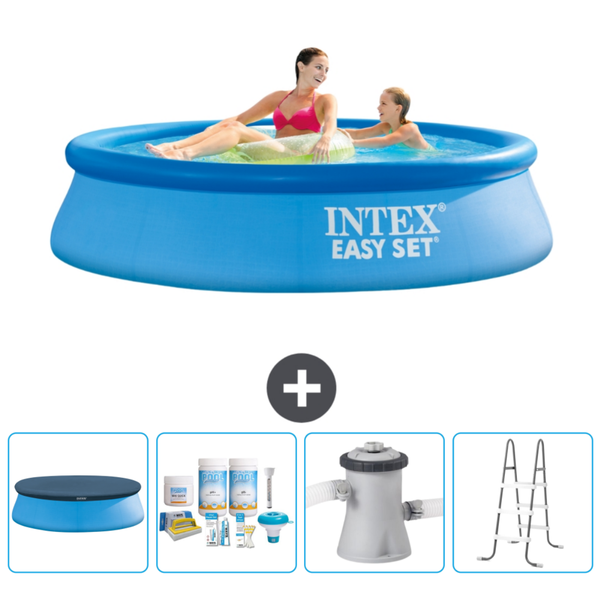 Deux femmes dans piscine Intex Easy Set avec couverture, kit de test, filtre et échelle.