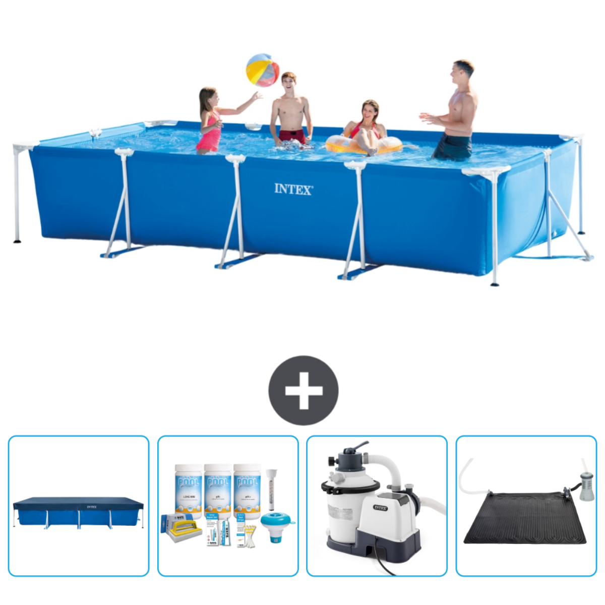 Blue rectangular pool with people playing. Includes cover, chemicals, filter and solar mat. People playing.