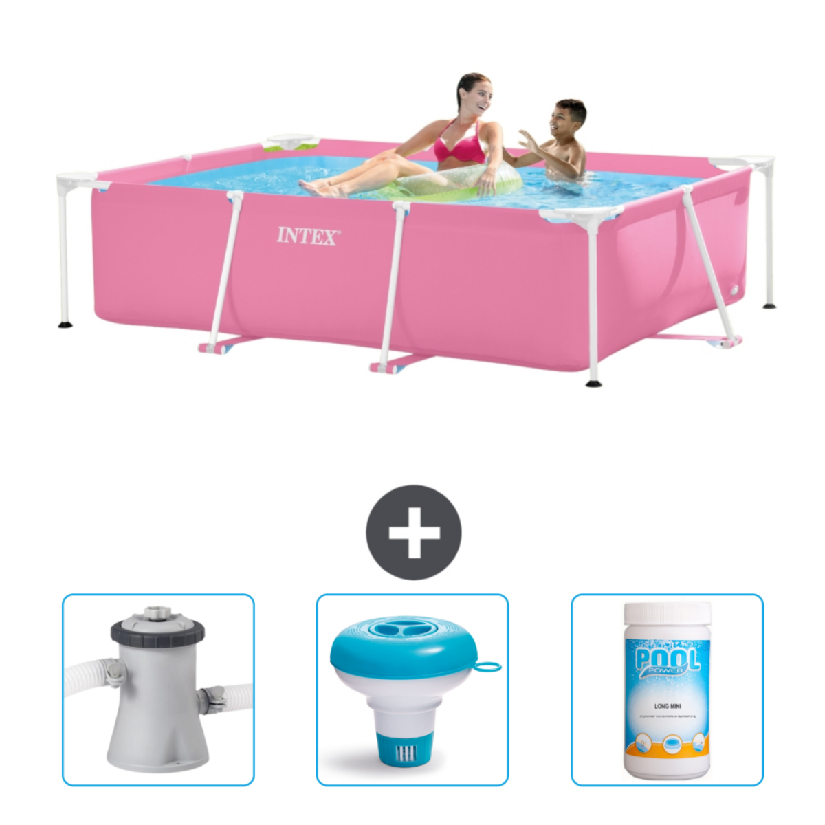 Pink rectangular pool with people and accessories. Plus sign and related items below.