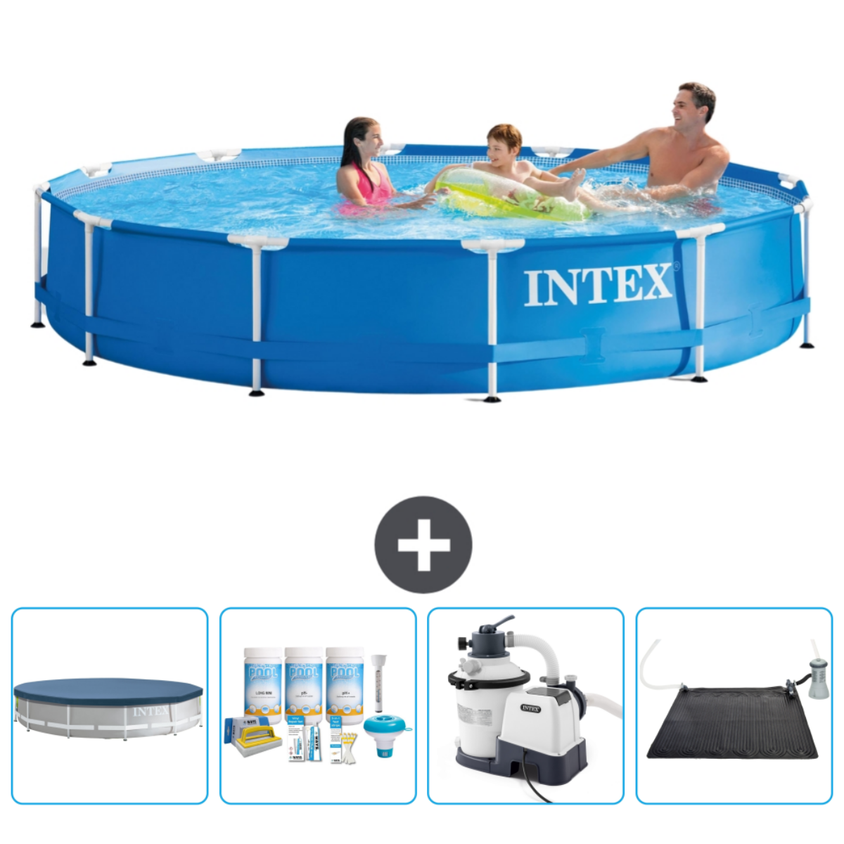 Blue pool with people inside and accessories. Includes filter, chemicals, and cover.