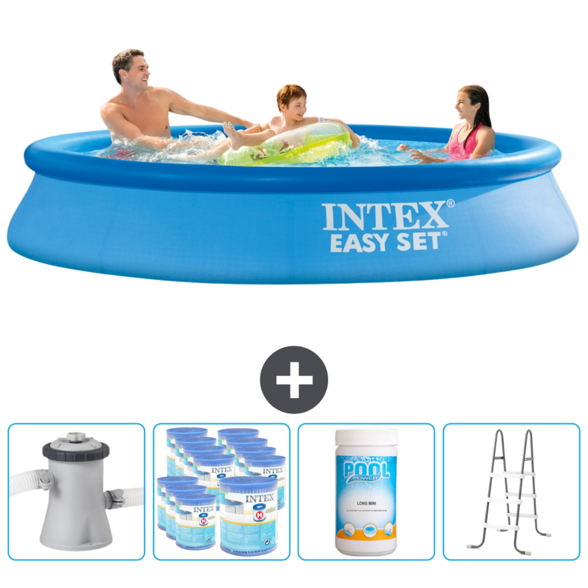 Piscine ronde bleue avec des personnes. Extras : filtre, produits chimiques et échelle.