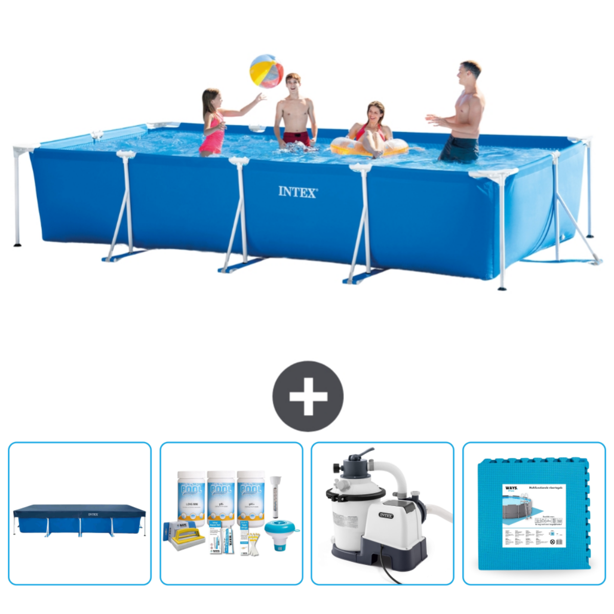 People in a blue rectangular pool. Accessories are included.