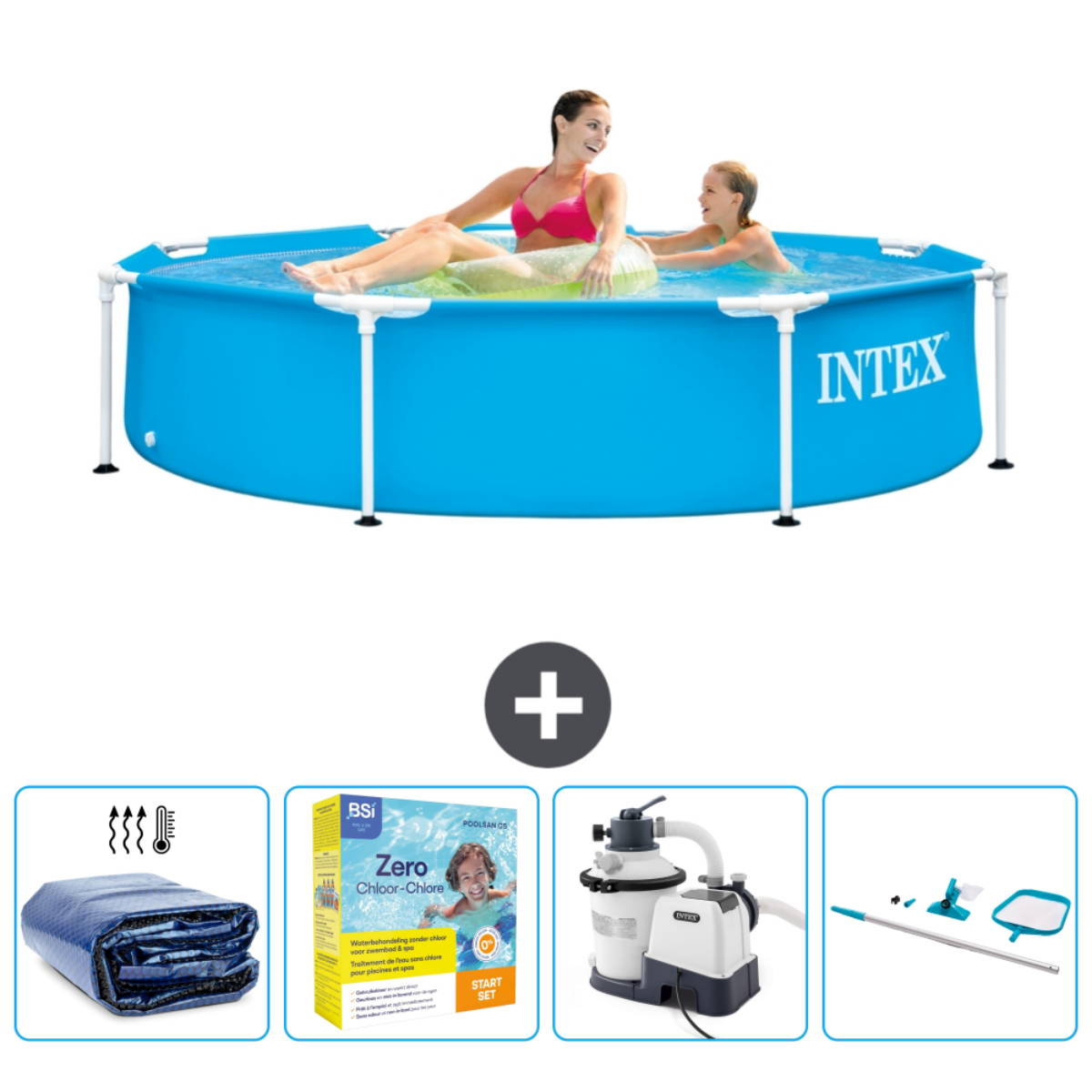 Blue Intex pool with people. Includes a cover, chemicals, and a filter system.