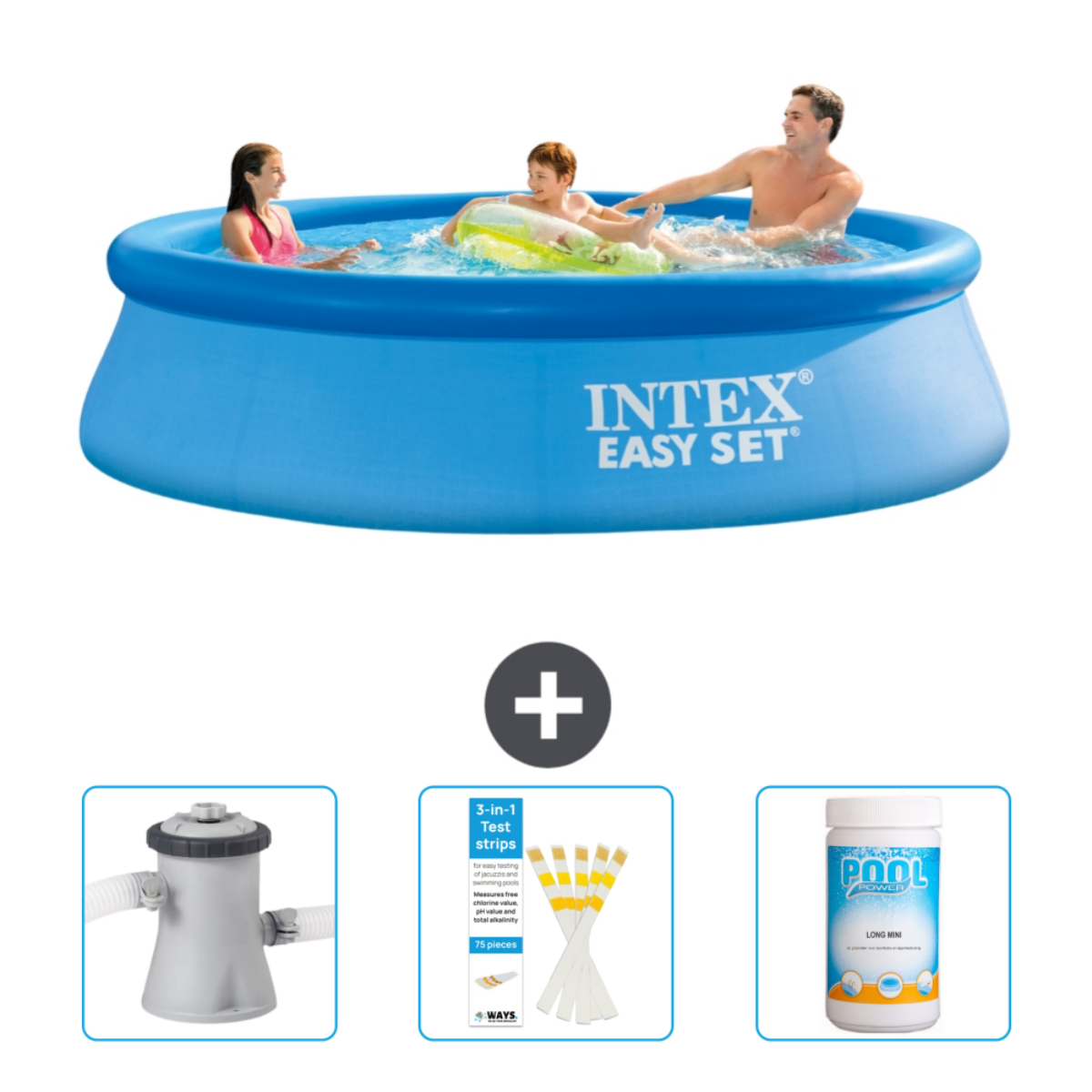 Familie im blauen Intex Easy Set Pool mit Zubehör, einschließlich Filter, Teststreifen und Chlor.